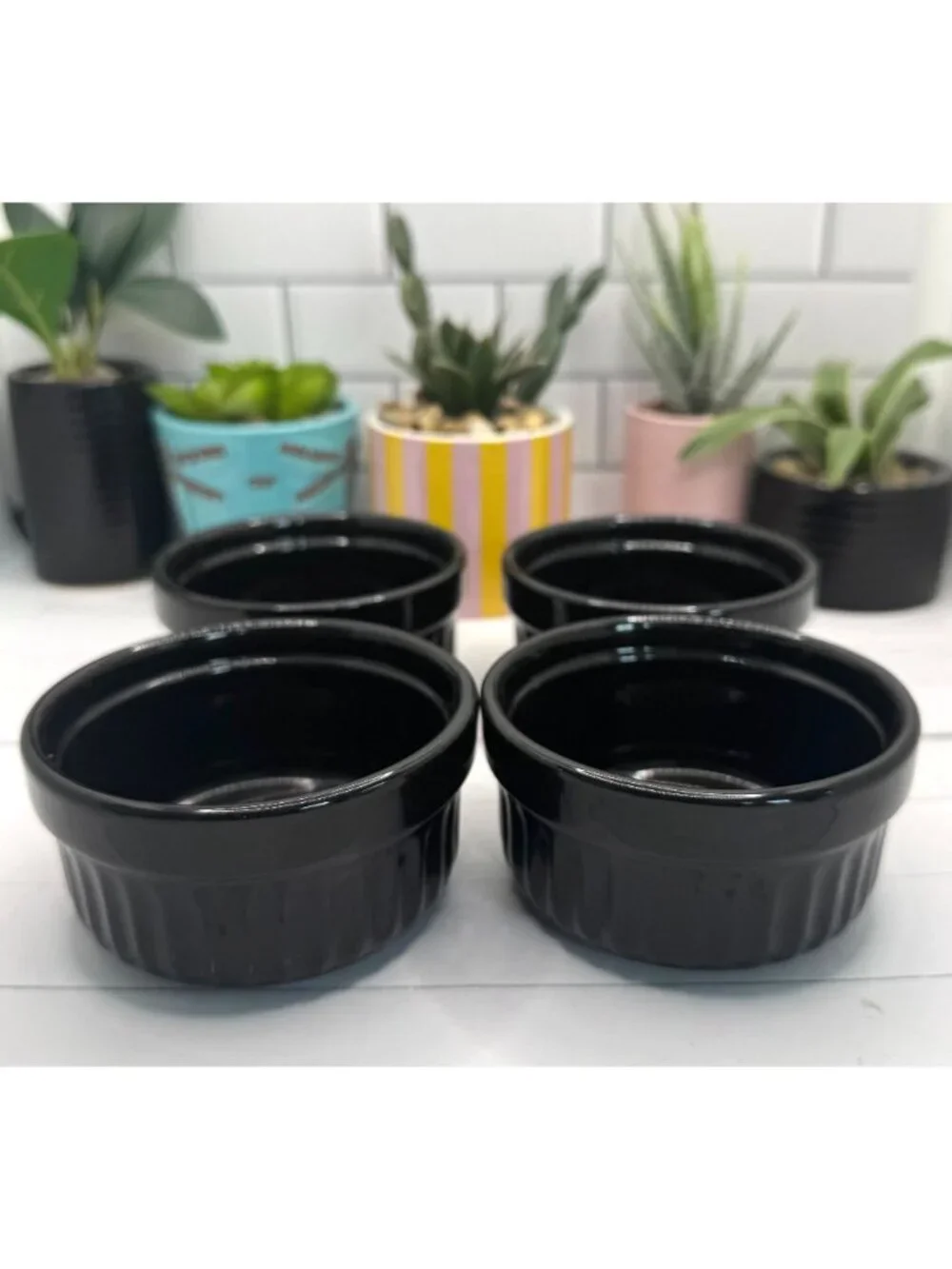 Set Of 4 Black Ceramic Ramekins Baking Bowls For Desserts Soufflé